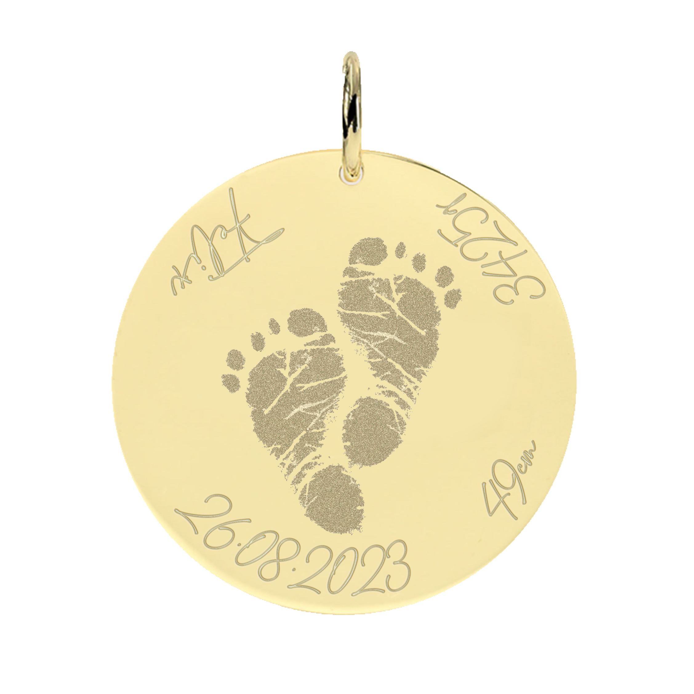 Fußabdruck Geburt Daten Gravuranhänger Rund aus echtem 585er Gold - AN407 Fußabdruck Geburt Daten Gravuranhänger Rund aus echtem 585er Gold - AN407
