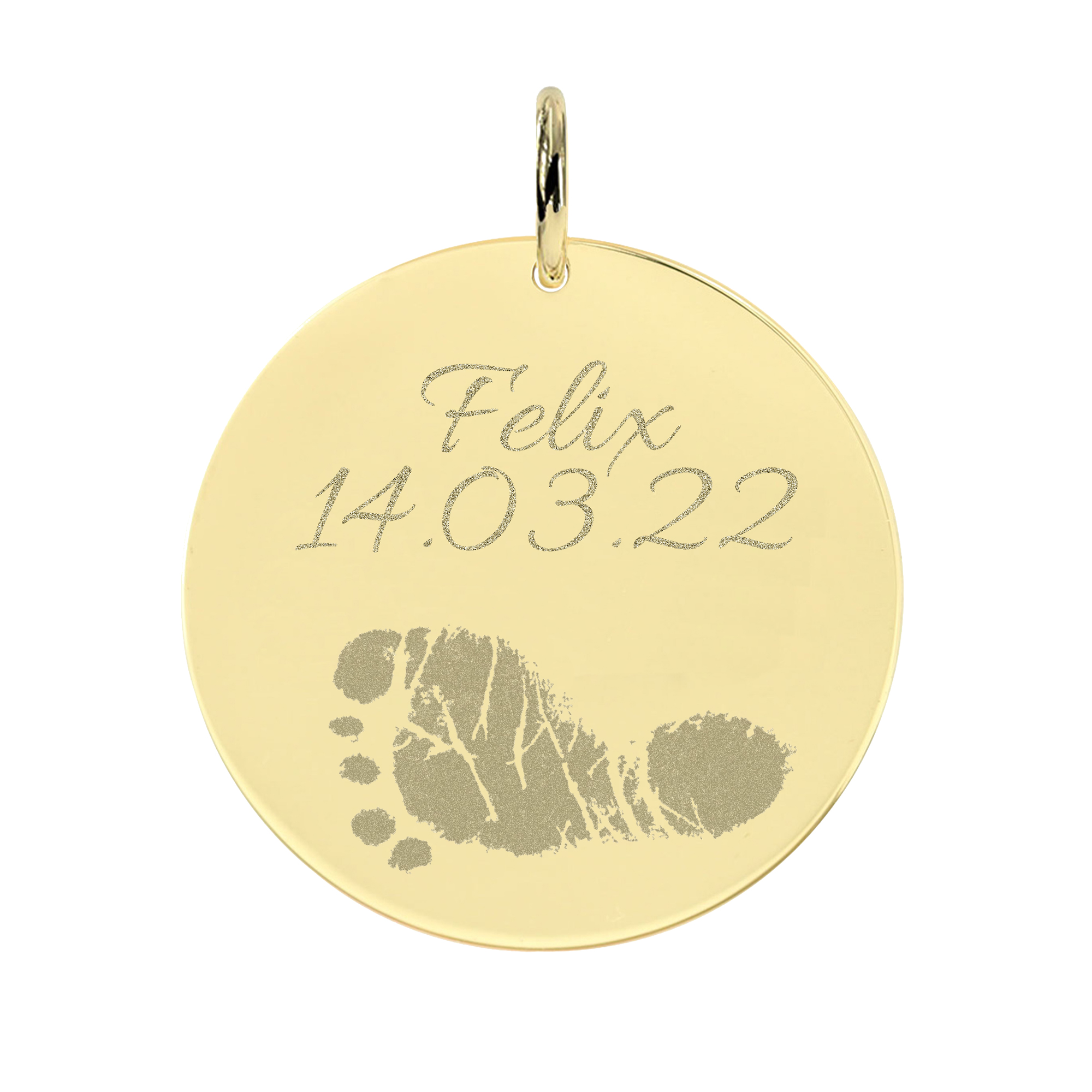 Fußabdruck Geburt Daten Gravuranhänger Rund aus echtem 585er Gold Fußabdruck Geburt Daten Gravuranhänger Rund aus echtem 585er Gold