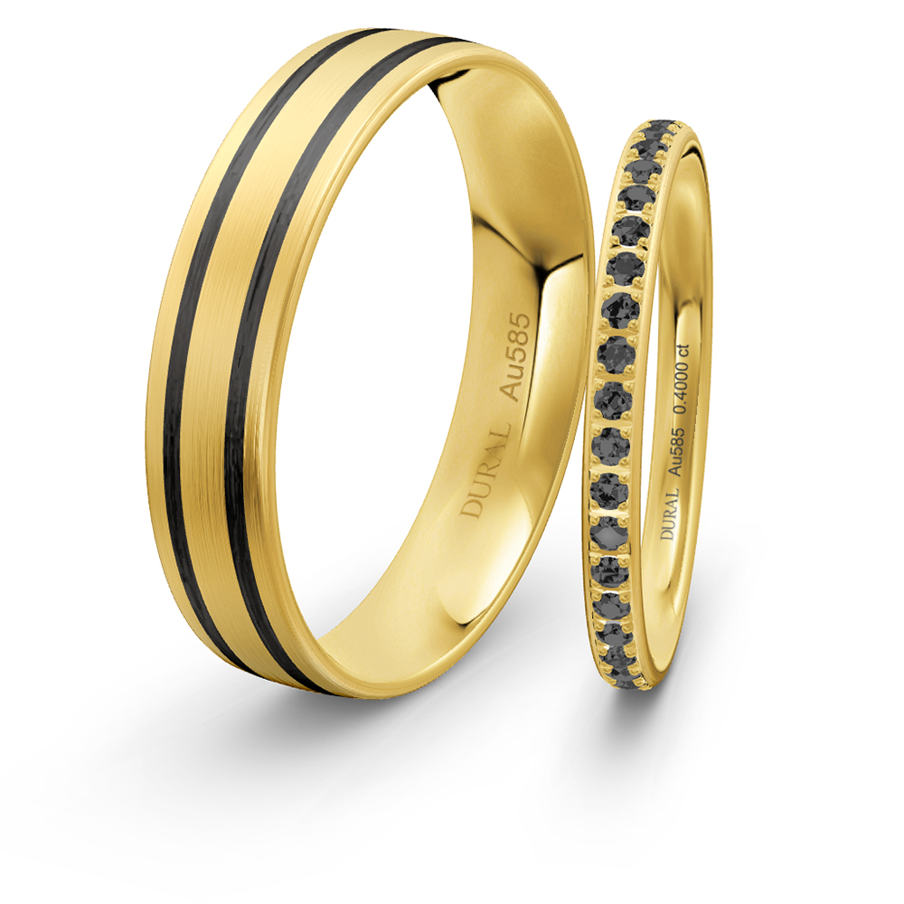 Dural Trauringe 5,0mm und 2,0 Gelbgold mit schwarzen Brillanten und Carbon