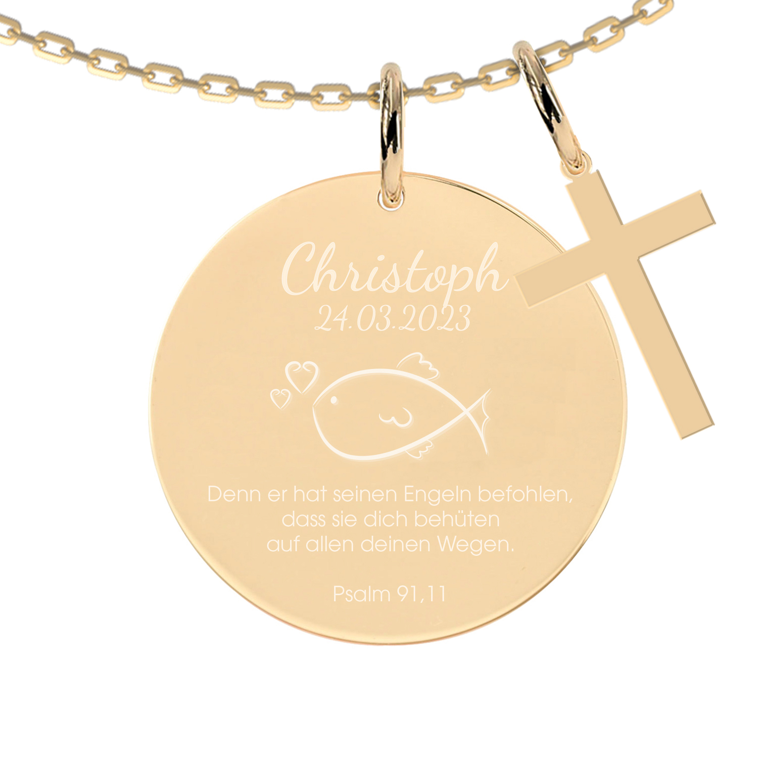 Taufe Fisch Chloé Gravur-Anhänger/Plättchen mit mini Kreuz