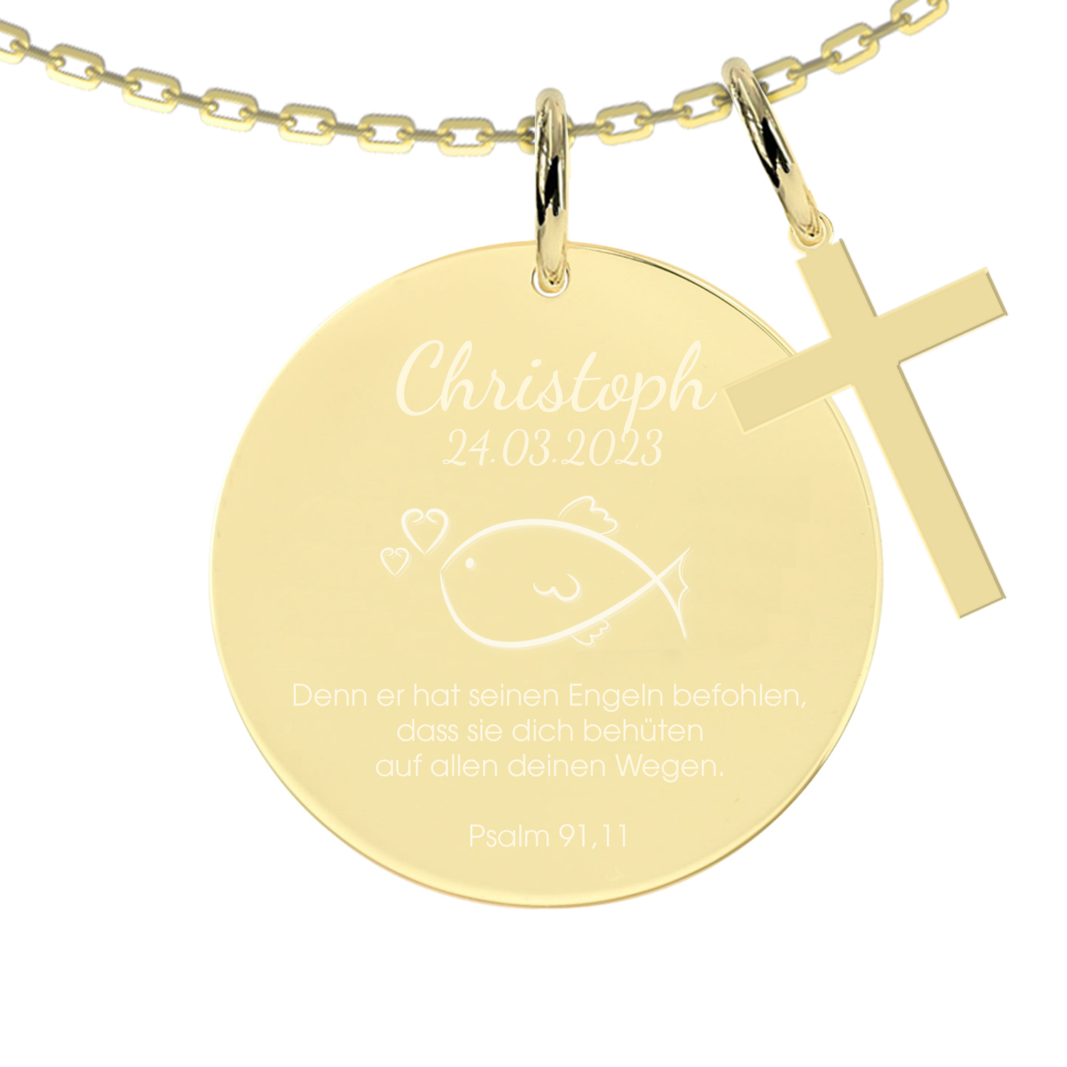 Taufe Fisch Chloé Gravur-Anhänger/Plättchen mit mini Kreuz